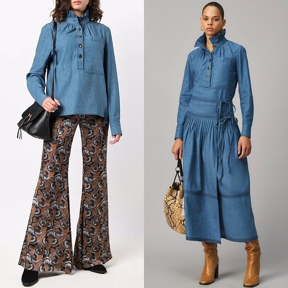 TORY BURCH Linen Cotton Chambray Ruffle High Neck Long Sleeve Pocket Blouse 10 - Picture 1 of 11